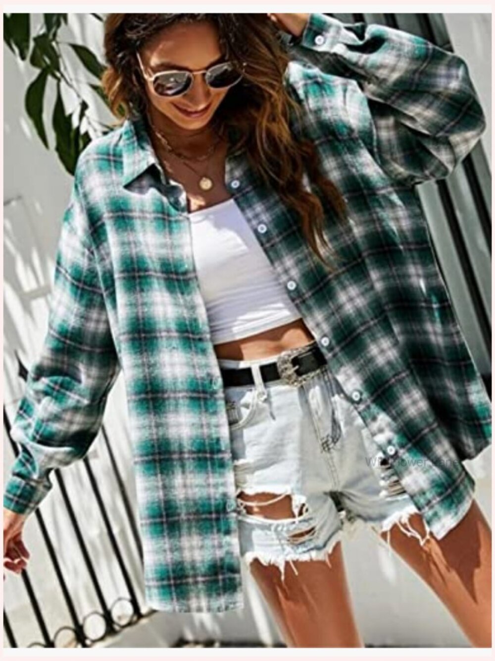 Oversized Flannel Plaid Button Down Shirt Blouse Top - Picture 3 of 7